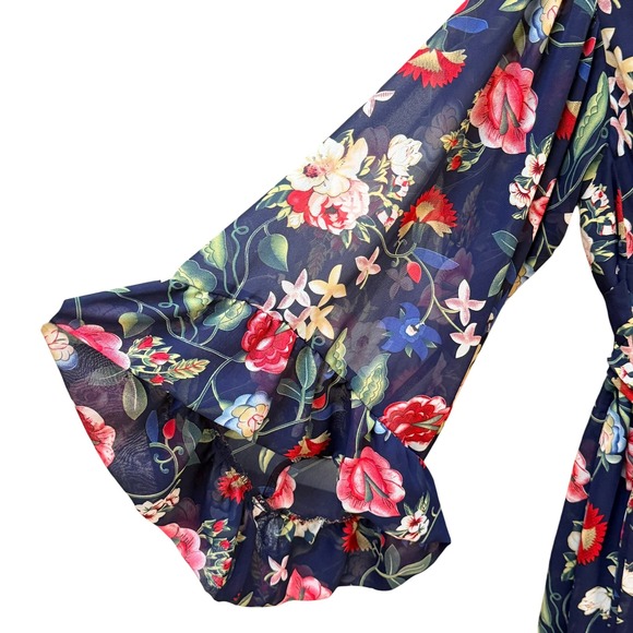 Betsy Johnson Dress Bambi Garden Floral Mini Navy Wide Bell Sleeves Babydoll 4 - Picture 3 of 9